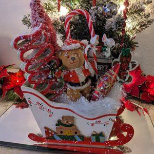 Vtg. Sees Candy Sleigh Handmade Arrangement Vtg. Flocked Teddy Bear 10"x7"x3.5"